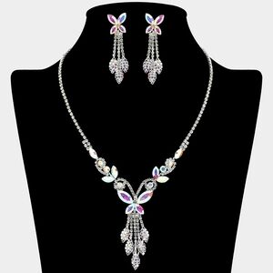 Abalone Silver Butterfly Drop Crystal Necklace Set Marquise Statement Jewelry